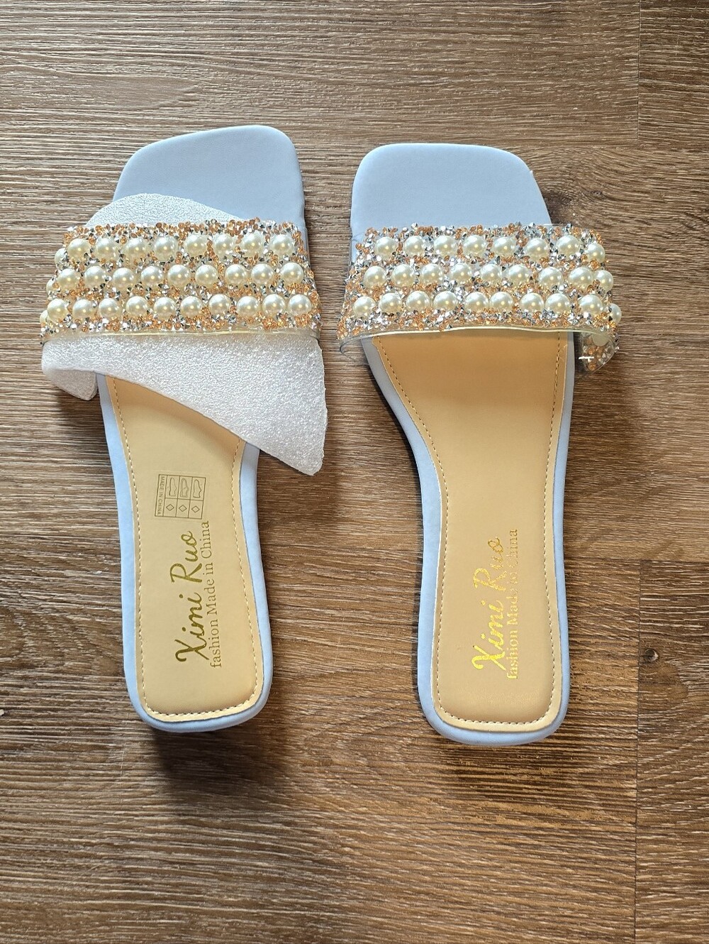 Light Blue Pearl-Embellished Slide Sandals Size 9